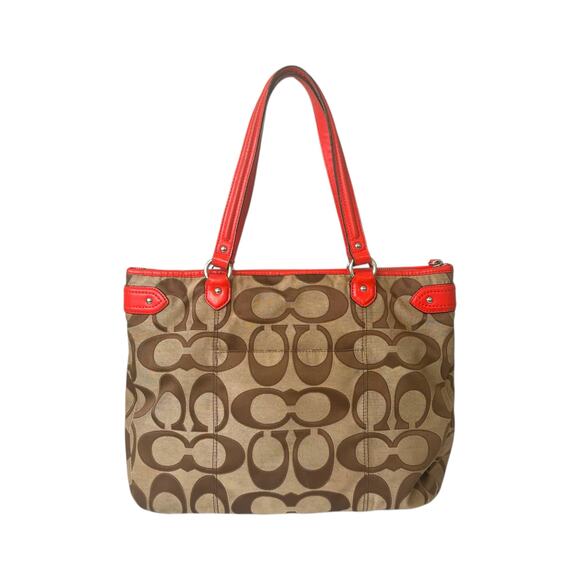 Coach Daisy Outline Signature Emma Tote Bag Khaki Orange Red Leather F24066 - Picture 2 of 13